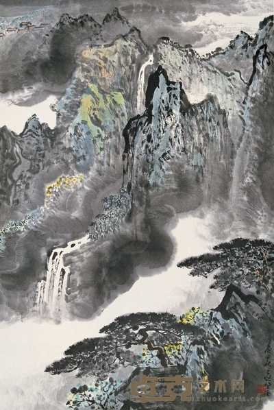 应野平 1980年作 松山飞瀑图 立轴 68×45cm